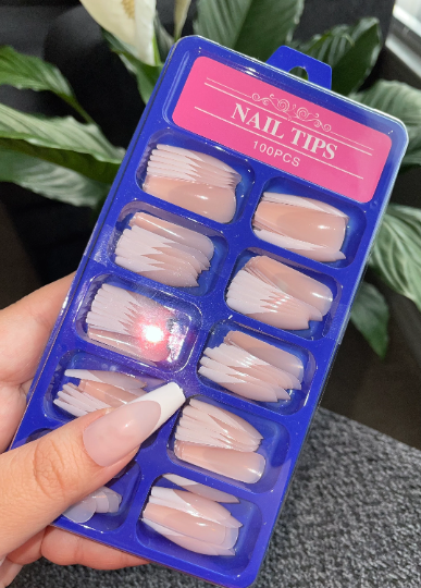 Long Coffin French Tip Press Ons | 100 pieces | 10 Sizes | Prep Kit Included