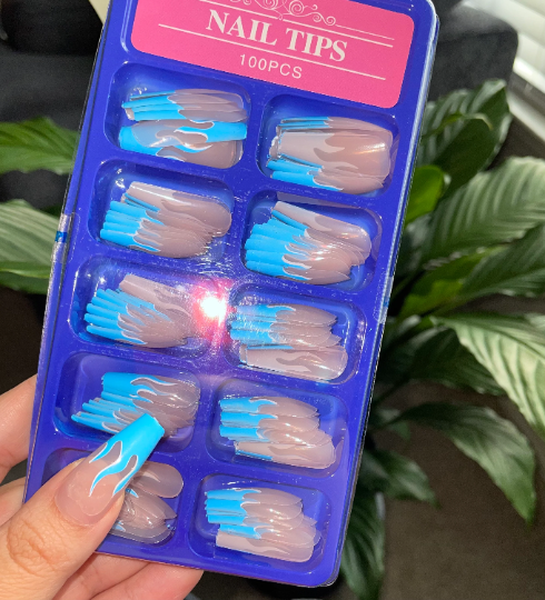Long Blue Flame Press Ons | 100 pieces | 10 Sizes | Prep Kit Included