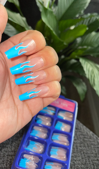 Long Blue Flame Press Ons | 100 pieces | 10 Sizes | Prep Kit Included